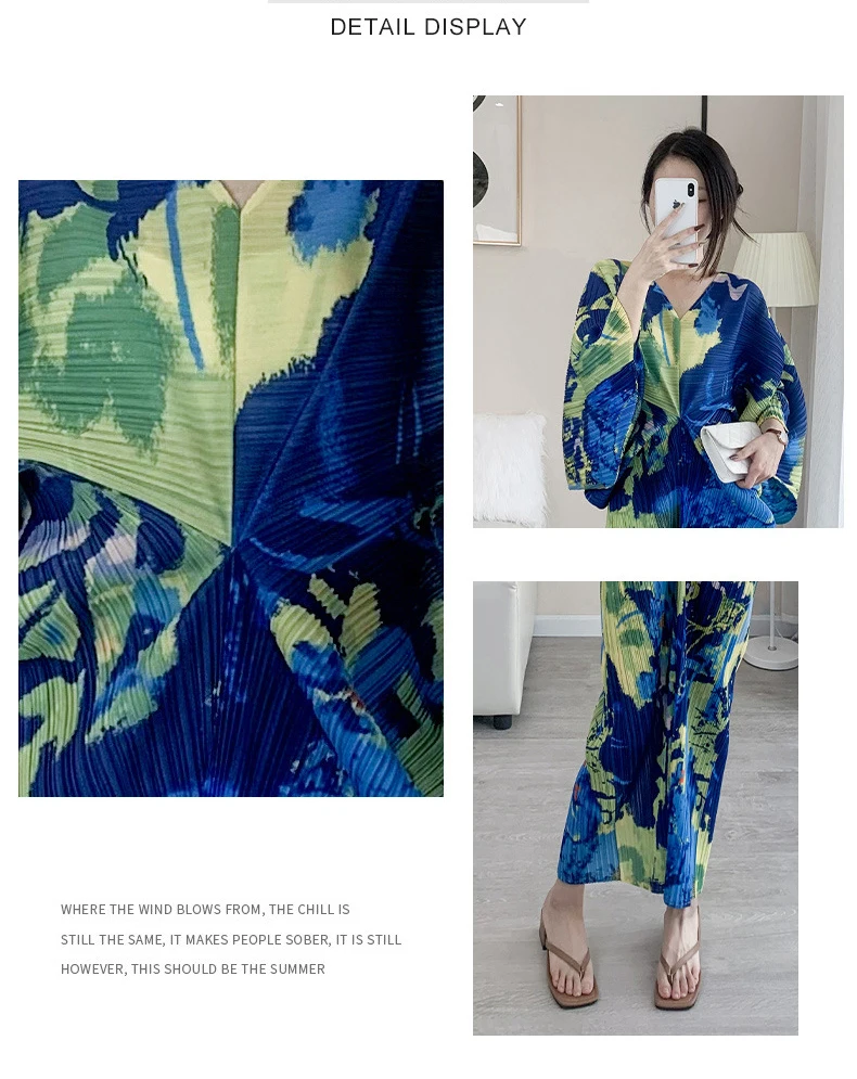 Miyaki Fold Dress for Women, Elegant Dress, V-neck, Bat-Sleeve, Printed Loose Dress, High-Grade, Spring and Autumn Fashion, 2022