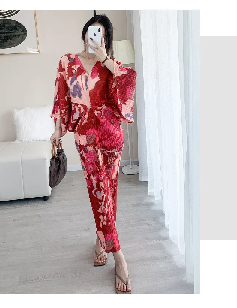 Miyaki Fold Dress for Women, Elegant Dress, V-neck, Bat-Sleeve, Printed Loose Dress, High-Grade, Spring and Autumn Fashion, 2022