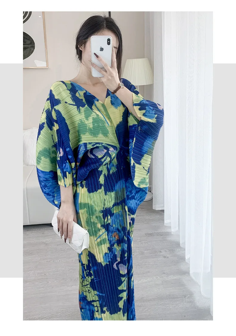 Miyaki Fold Dress for Women, Elegant Dress, V-neck, Bat-Sleeve, Printed Loose Dress, High-Grade, Spring and Autumn Fashion, 2022
