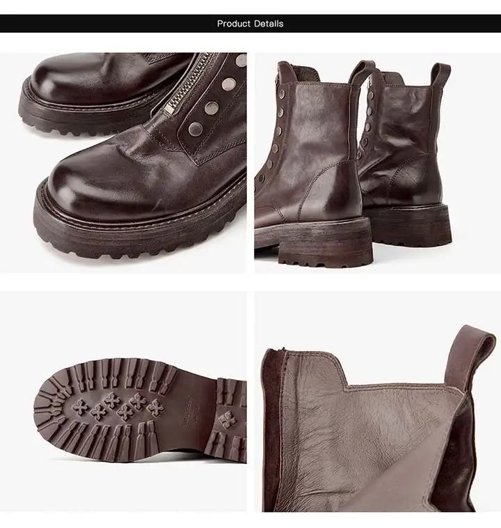BeauToday Ankle Boots Women Horse Leather Waxing Round Toe Zippers Metal Decoration Platform Ladies Booties Handmade 04469