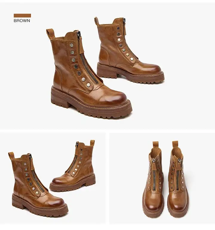BeauToday Ankle Boots Women Horse Leather Waxing Round Toe Zippers Metal Decoration Platform Ladies Booties Handmade 04469