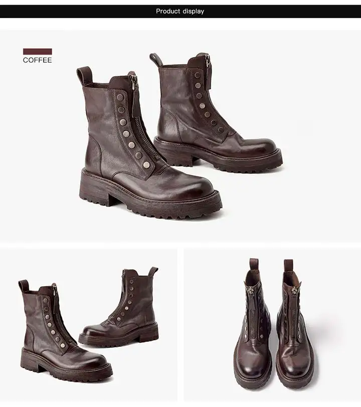 BeauToday Ankle Boots Women Horse Leather Waxing Round Toe Zippers Metal Decoration Platform Ladies Booties Handmade 04469