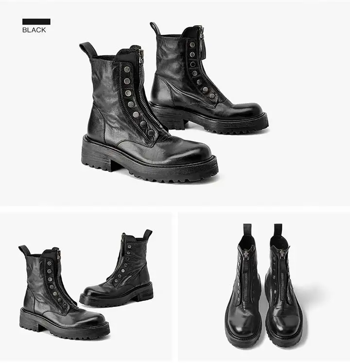 BeauToday Ankle Boots Women Horse Leather Waxing Round Toe Zippers Metal Decoration Platform Ladies Booties Handmade 04469