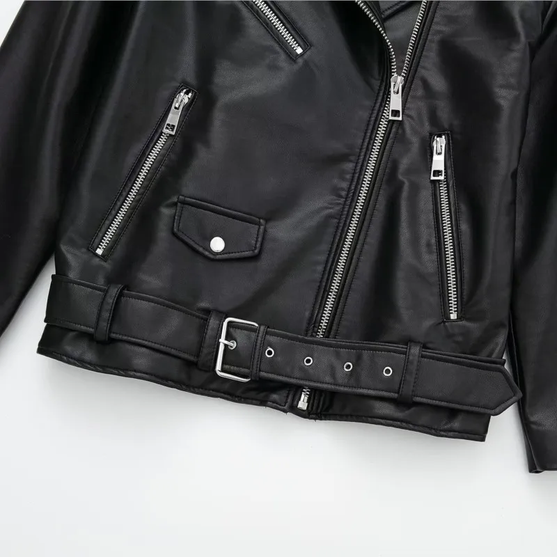 High Quality 2024 Spring Autumn Women Fashion Oversize Black Faux Leather Jacket Coat Female Casual Zipper Biker Outwear Tops