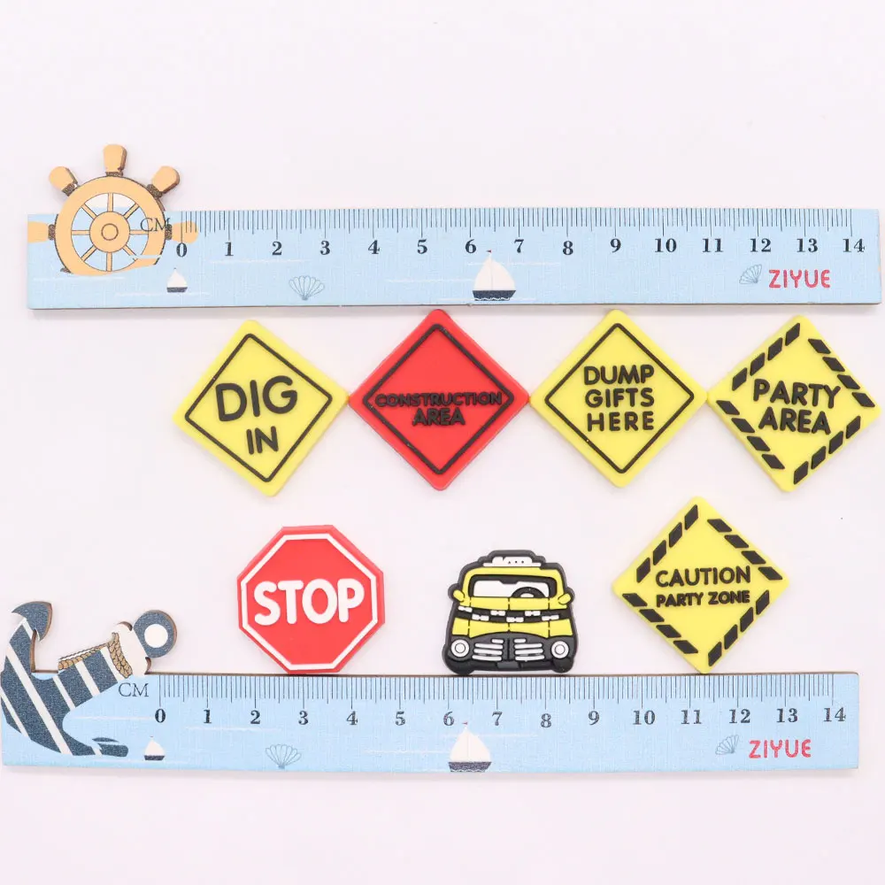 1-16pcs PVC Shoe Charms Yellow Car Slogan Red STOP Accessories Shoes Button Decoration Fit Boys Girls Party Present