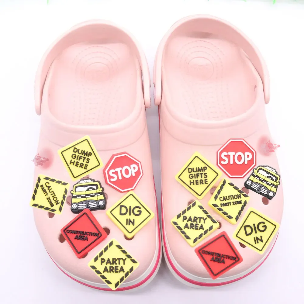 1-16pcs PVC Shoe Charms Yellow Car Slogan Red STOP Accessories Shoes Button Decoration Fit Boys Girls Party Present