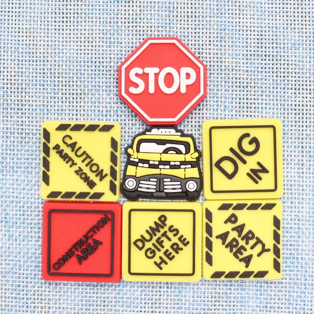 1-16pcs PVC Shoe Charms Yellow Car Slogan Red STOP Accessories Shoes Button Decoration Fit Boys Girls Party Present