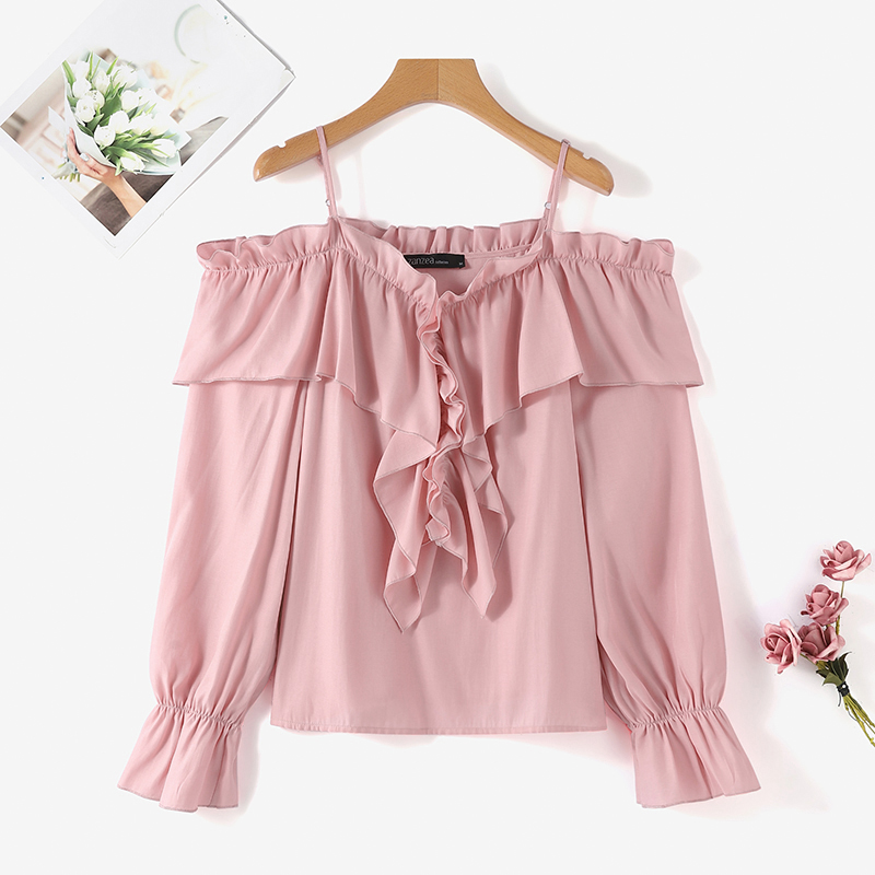 ZANZEA Fashion Long Sleeve Shirts Women Sexy Off Shoulder Blouse Vintage Straps Button Tops 2023 Autumn Pleats Solid Loose Tunic