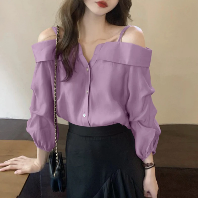 ZANZEA Fashion Long Sleeve Shirts Women Sexy Off Shoulder Blouse Vintage Straps Button Tops 2023 Autumn Pleats Solid Loose Tunic