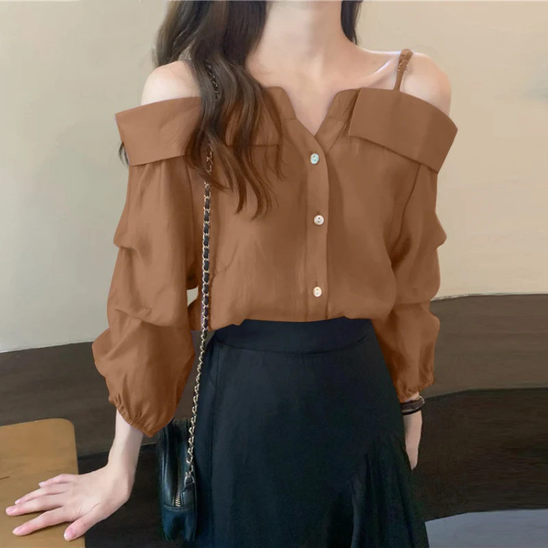 ZANZEA Fashion Long Sleeve Shirts Women Sexy Off Shoulder Blouse Vintage Straps Button Tops 2023 Autumn Pleats Solid Loose Tunic