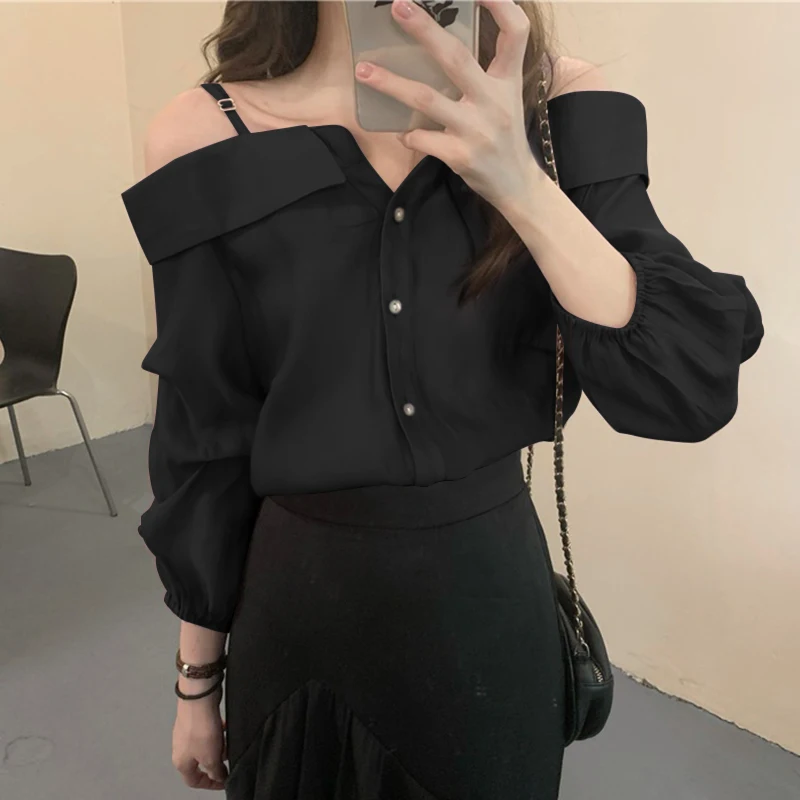 ZANZEA Fashion Long Sleeve Shirts Women Sexy Off Shoulder Blouse Vintage Straps Button Tops 2023 Autumn Pleats Solid Loose Tunic