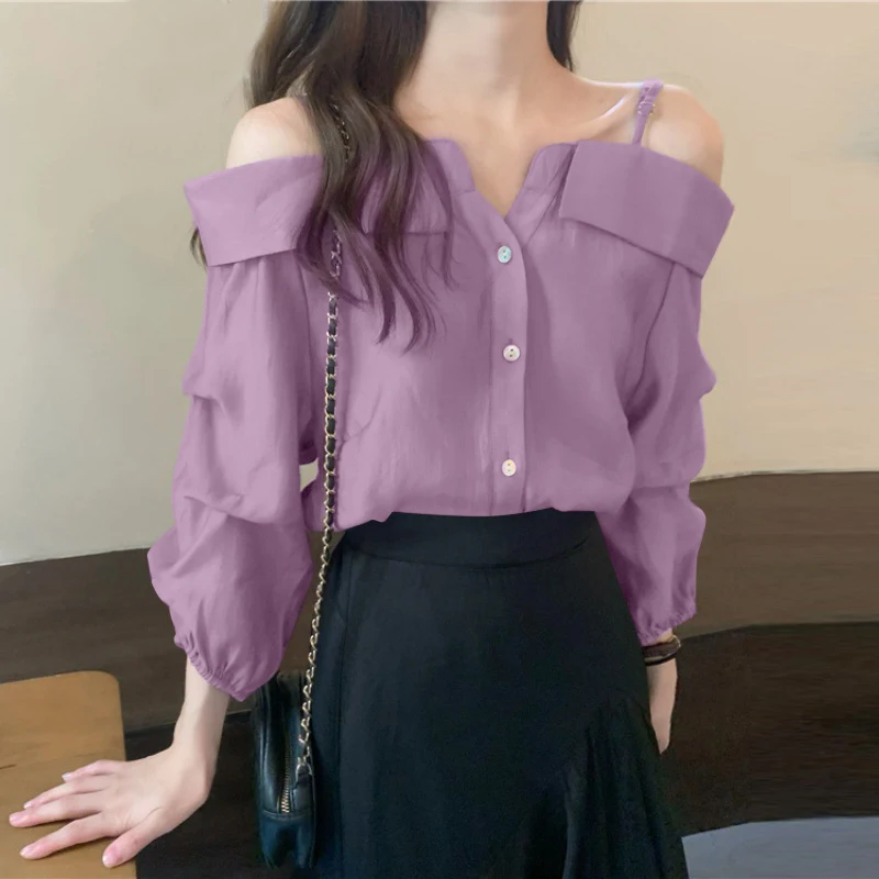 ZANZEA Fashion Long Sleeve Shirts Women Sexy Off Shoulder Blouse Vintage Straps Button Tops 2023 Autumn Pleats Solid Loose Tunic