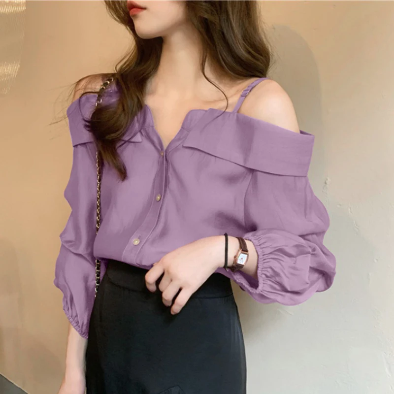 ZANZEA Fashion Long Sleeve Shirts Women Sexy Off Shoulder Blouse Vintage Straps Button Tops 2023 Autumn Pleats Solid Loose Tunic