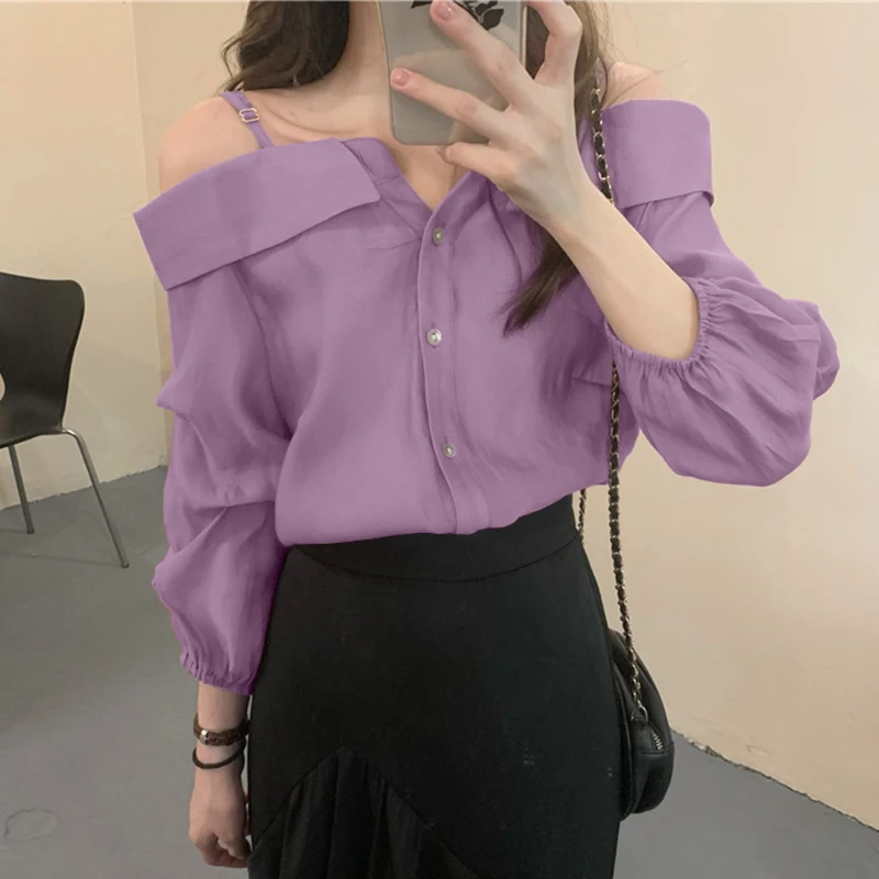 ZANZEA Fashion Long Sleeve Shirts Women Sexy Off Shoulder Blouse Vintage Straps Button Tops 2023 Autumn Pleats Solid Loose Tunic
