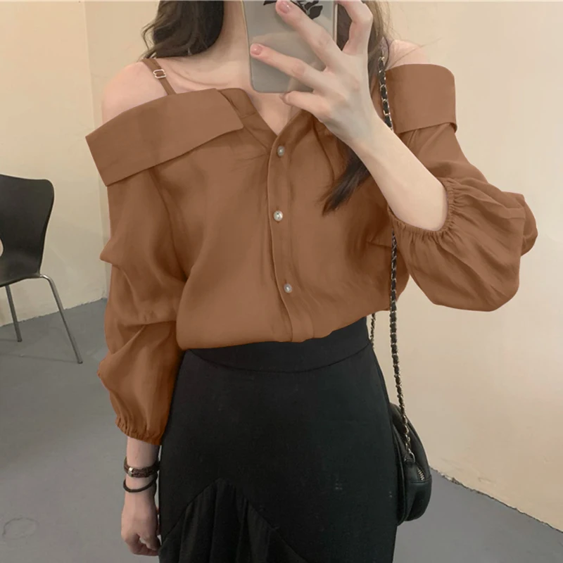ZANZEA Fashion Long Sleeve Shirts Women Sexy Off Shoulder Blouse Vintage Straps Button Tops 2023 Autumn Pleats Solid Loose Tunic