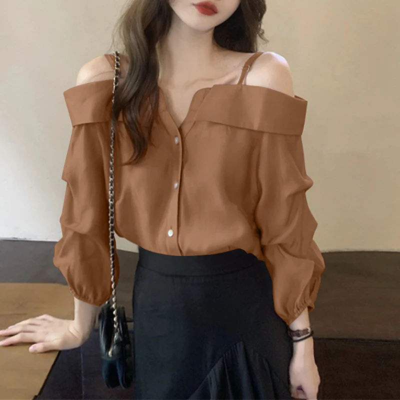 ZANZEA Fashion Long Sleeve Shirts Women Sexy Off Shoulder Blouse Vintage Straps Button Tops 2023 Autumn Pleats Solid Loose Tunic
