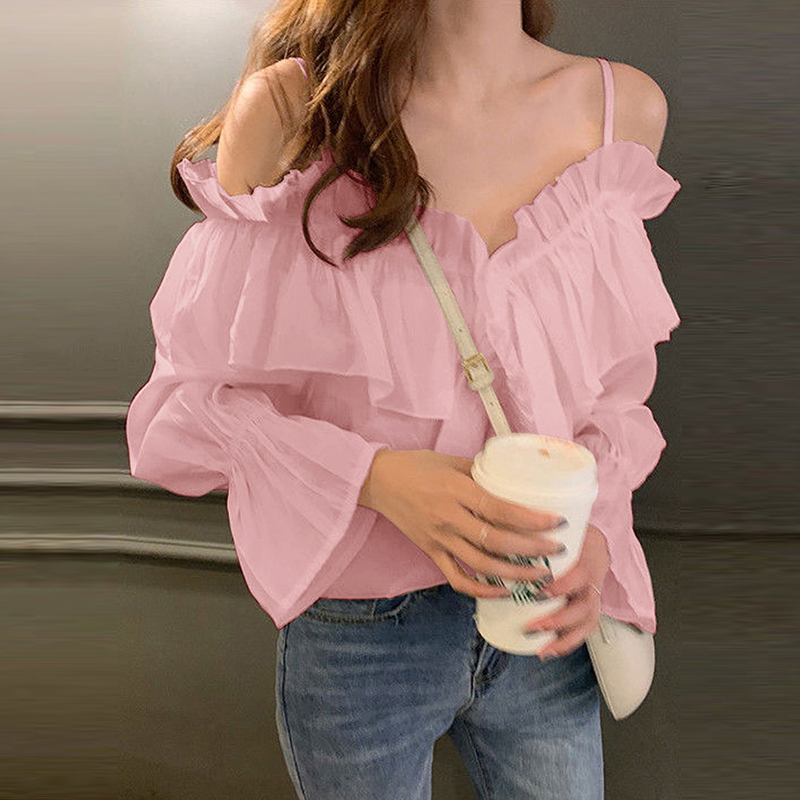 ZANZEA Fashion Long Sleeve Shirts Women Sexy Off Shoulder Blouse Vintage Straps Button Tops 2023 Autumn Pleats Solid Loose Tunic