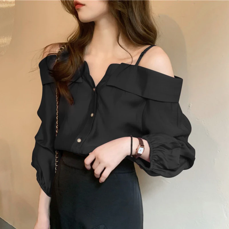 ZANZEA Fashion Long Sleeve Shirts Women Sexy Off Shoulder Blouse Vintage Straps Button Tops 2023 Autumn Pleats Solid Loose Tunic