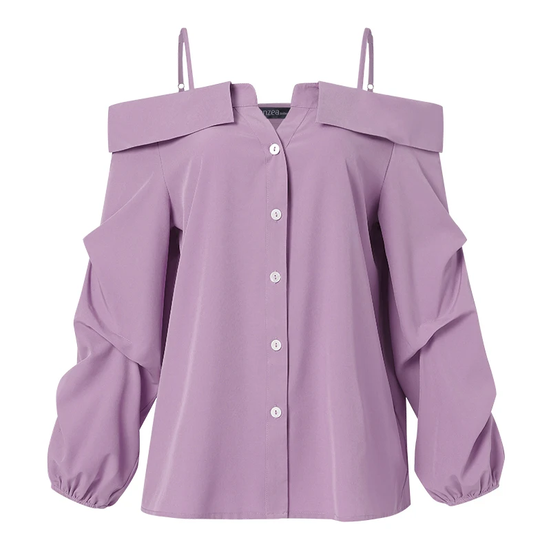 ZANZEA Fashion Long Sleeve Shirts Women Sexy Off Shoulder Blouse Vintage Straps Button Tops 2023 Autumn Pleats Solid Loose Tunic