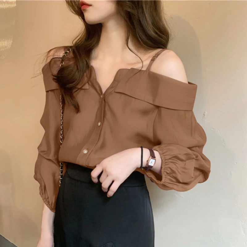 ZANZEA Fashion Long Sleeve Shirts Women Sexy Off Shoulder Blouse Vintage Straps Button Tops 2023 Autumn Pleats Solid Loose Tunic