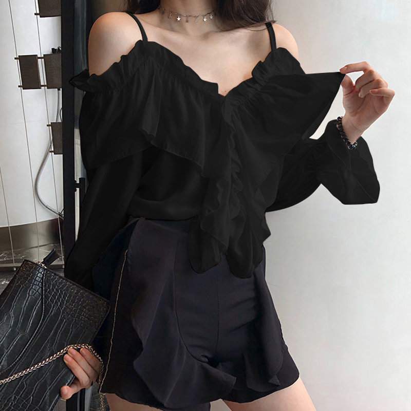 ZANZEA Fashion Long Sleeve Shirts Women Sexy Off Shoulder Blouse Vintage Straps Button Tops 2023 Autumn Pleats Solid Loose Tunic