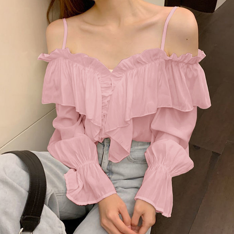 ZANZEA Fashion Long Sleeve Shirts Women Sexy Off Shoulder Blouse Vintage Straps Button Tops 2023 Autumn Pleats Solid Loose Tunic