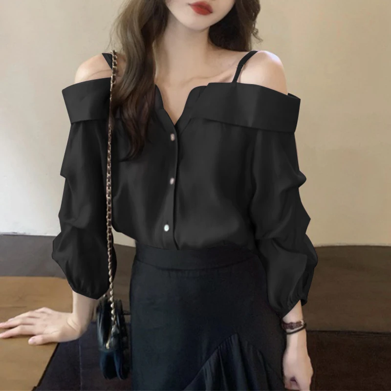 ZANZEA Fashion Long Sleeve Shirts Women Sexy Off Shoulder Blouse Vintage Straps Button Tops 2023 Autumn Pleats Solid Loose Tunic