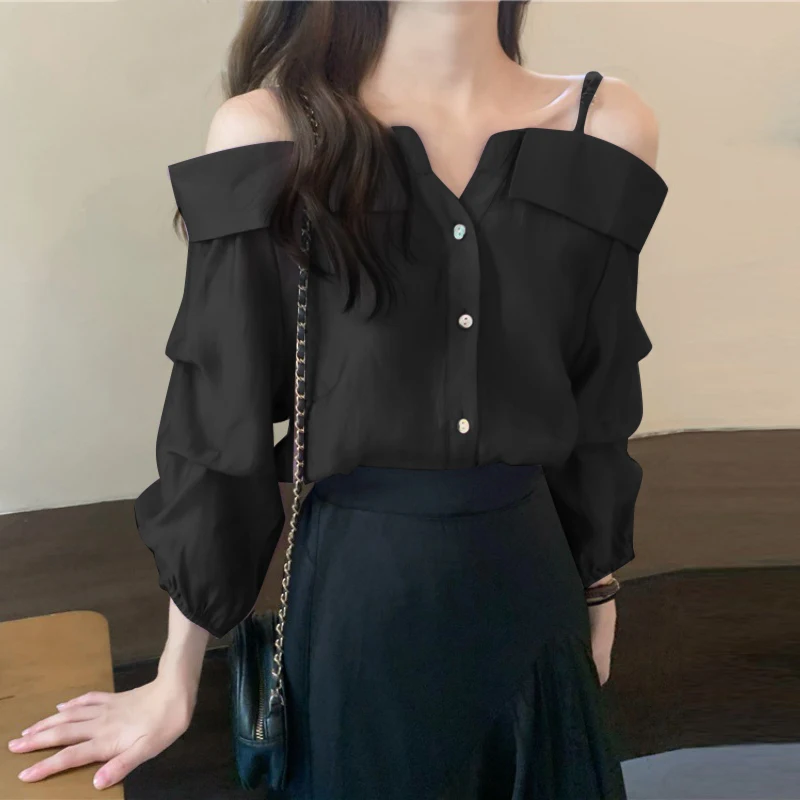 ZANZEA Fashion Long Sleeve Shirts Women Sexy Off Shoulder Blouse Vintage Straps Button Tops 2023 Autumn Pleats Solid Loose Tunic