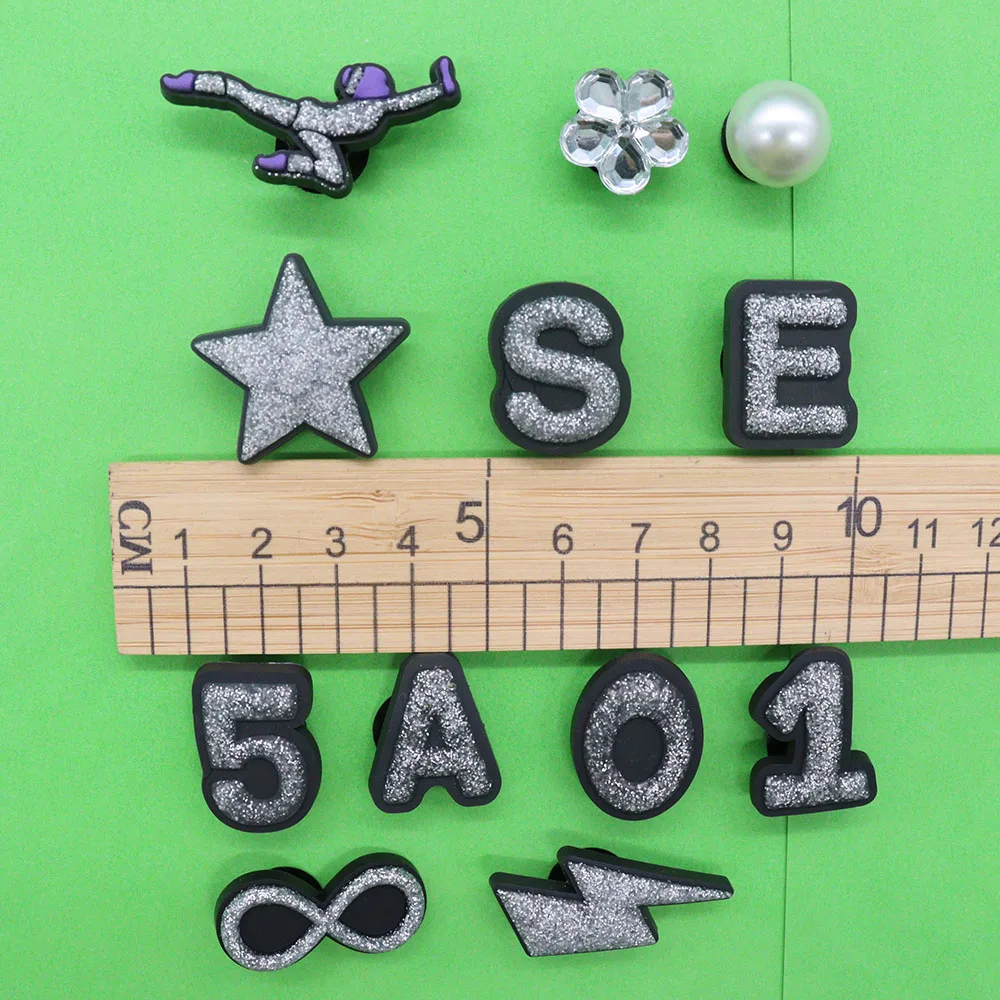 1-12Pcs PVC Flash Powder Star Numbers Shoe Charms Buckle Clog Silver Series Slipper Decoration Fit DIY Cool Backpack
