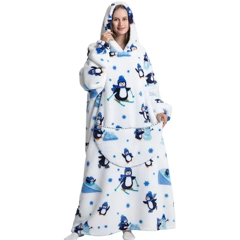 Kids Babys Warm Thick Oversized Wearable Blanket Hoodie for Winter Giant Polyester Blanket with Sleeves Cartoon Animal Print