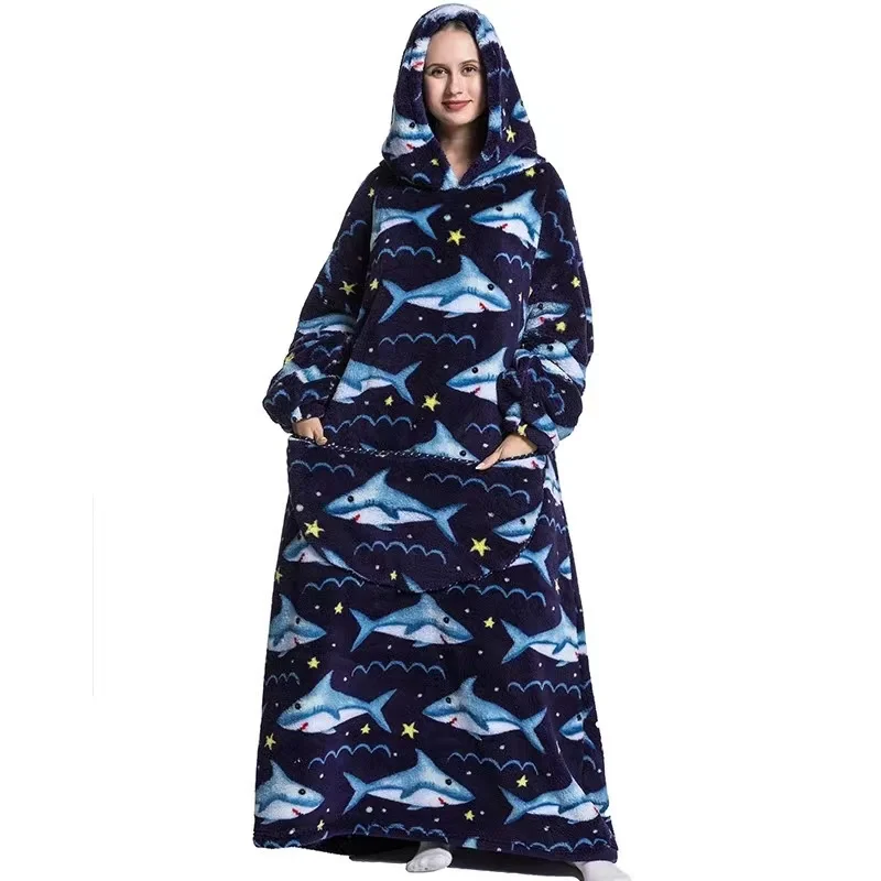 Kids Babys Warm Thick Oversized Wearable Blanket Hoodie for Winter Giant Polyester Blanket with Sleeves Cartoon Animal Print