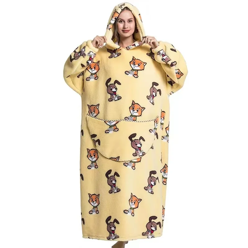 Kids Babys Warm Thick Oversized Wearable Blanket Hoodie for Winter Giant Polyester Blanket with Sleeves Cartoon Animal Print