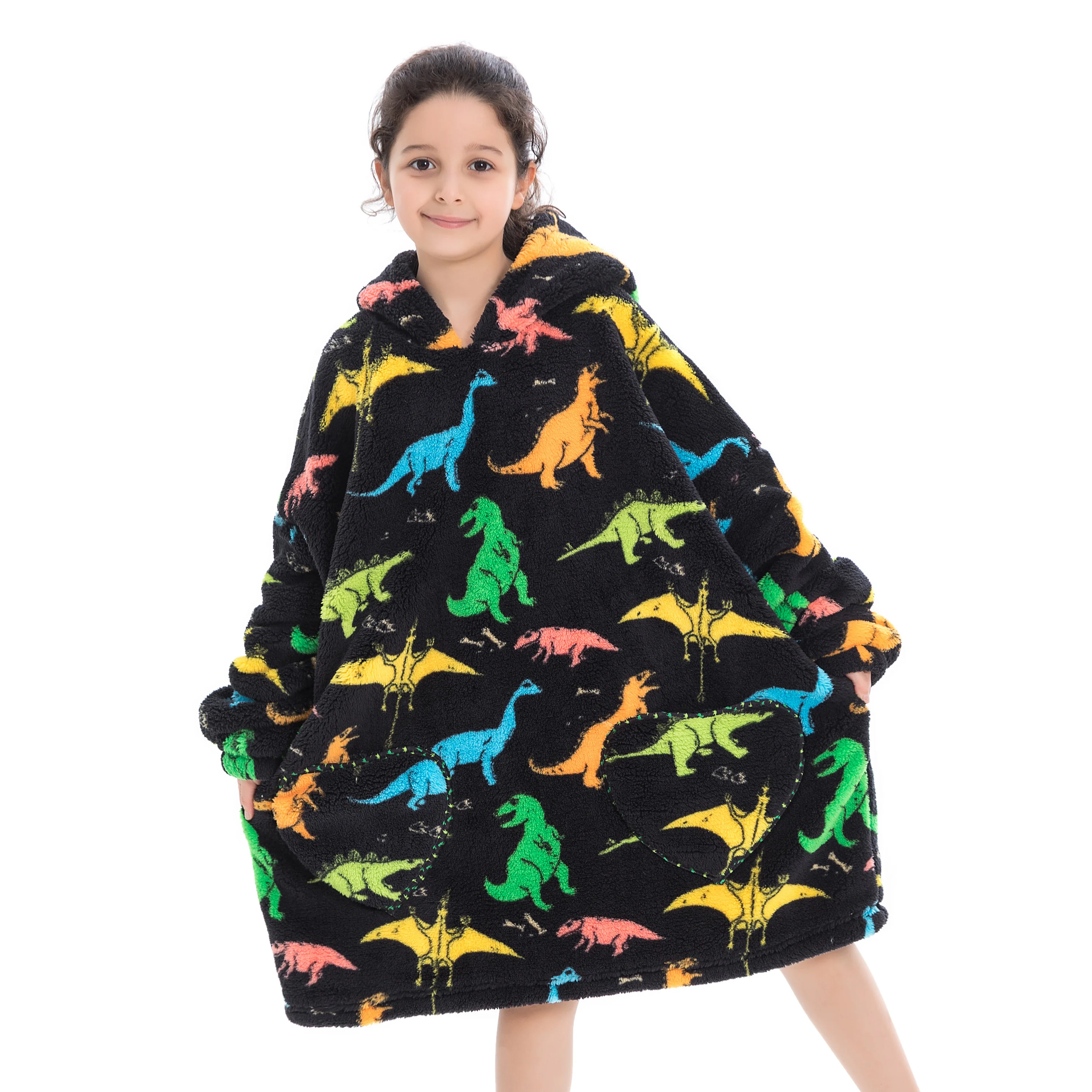 Kids Babys Warm Thick Oversized Wearable Blanket Hoodie for Winter Giant Polyester Blanket with Sleeves Cartoon Animal Print
