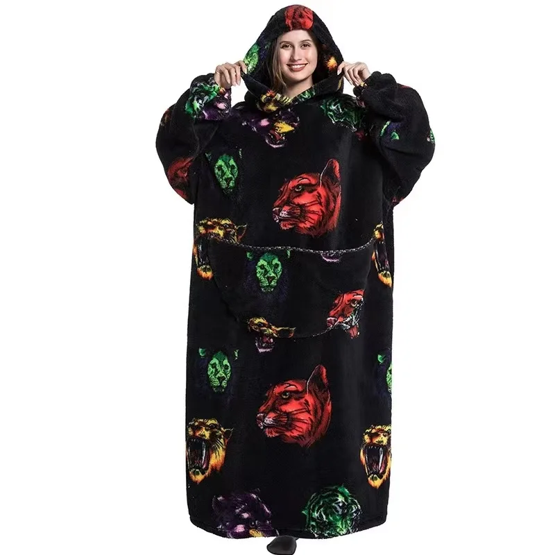 Kids Babys Warm Thick Oversized Wearable Blanket Hoodie for Winter Giant Polyester Blanket with Sleeves Cartoon Animal Print