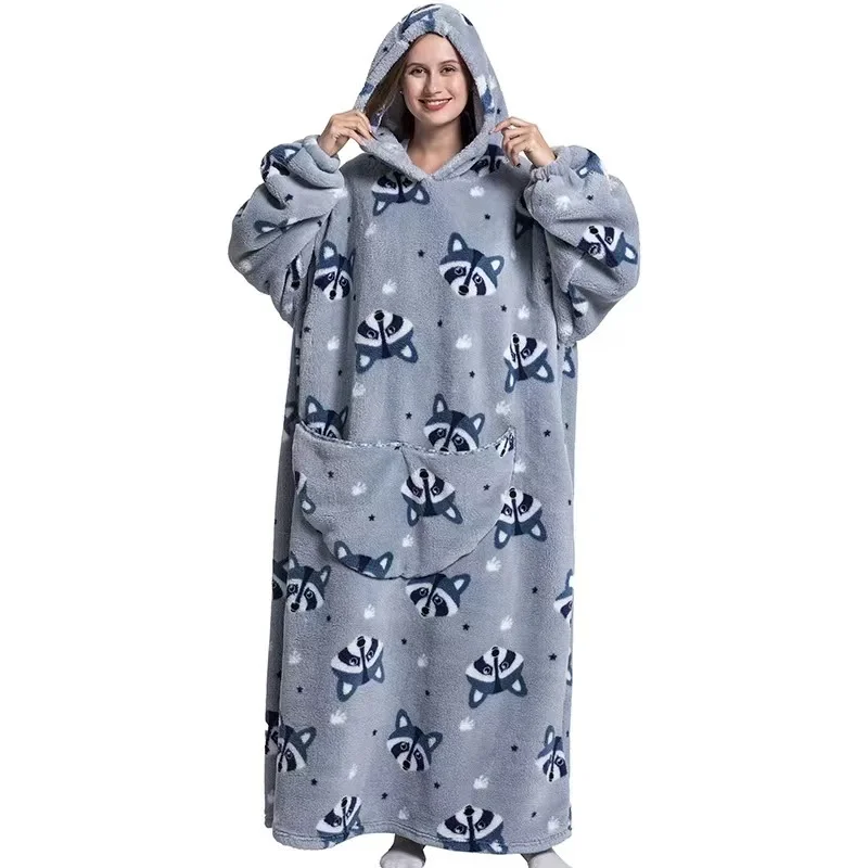 Kids Babys Warm Thick Oversized Wearable Blanket Hoodie for Winter Giant Polyester Blanket with Sleeves Cartoon Animal Print