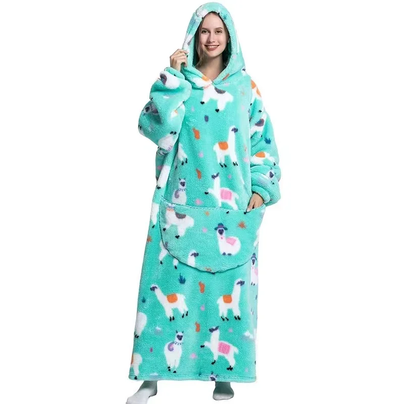 Kids Babys Warm Thick Oversized Wearable Blanket Hoodie for Winter Giant Polyester Blanket with Sleeves Cartoon Animal Print