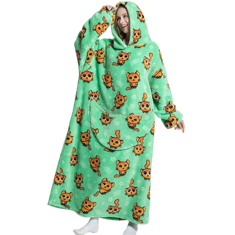 Kids Babys Warm Thick Oversized Wearable Blanket Hoodie for Winter Giant Polyester Blanket with Sleeves Cartoon Animal Print