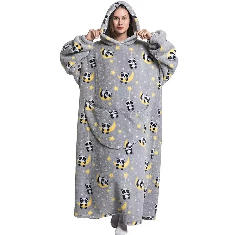 Kids Babys Warm Thick Oversized Wearable Blanket Hoodie for Winter Giant Polyester Blanket with Sleeves Cartoon Animal Print