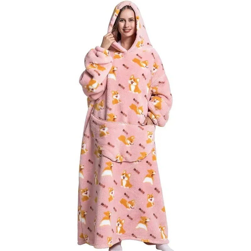 Kids Babys Warm Thick Oversized Wearable Blanket Hoodie for Winter Giant Polyester Blanket with Sleeves Cartoon Animal Print