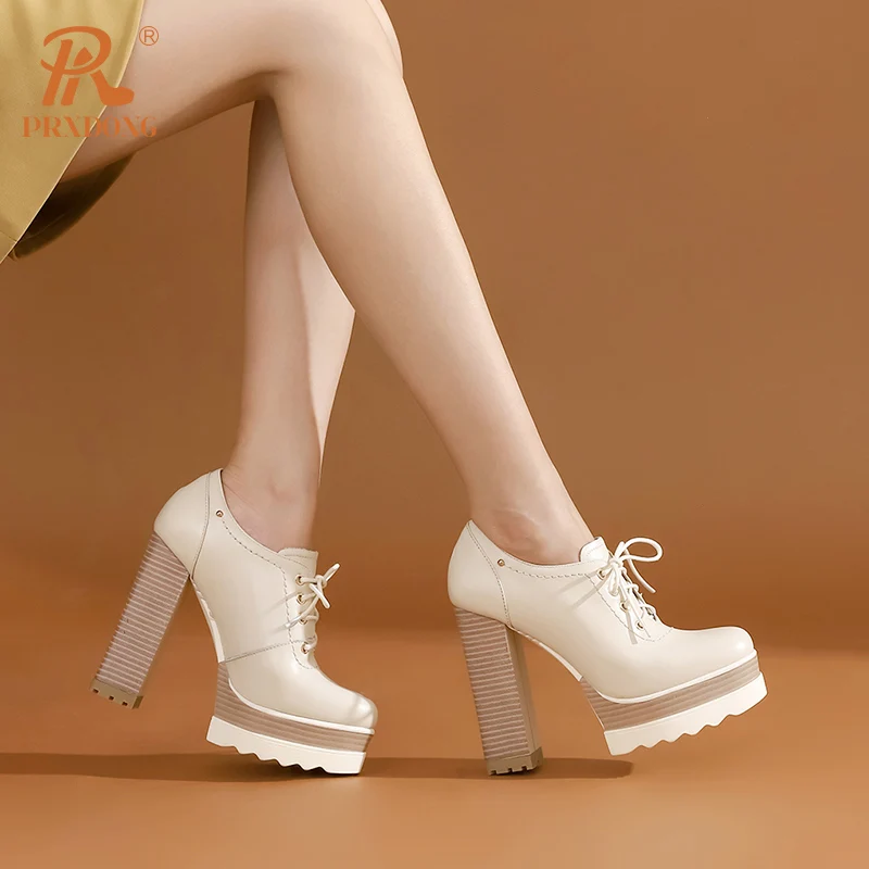 PRXDONG Genuine Cow Leather Spring Autumn Women Shoes Chunky HIgh Heels Platform Black Beige Dress Party Office Lady Shoes Pumps