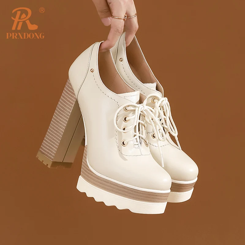PRXDONG Genuine Cow Leather Spring Autumn Women Shoes Chunky HIgh Heels Platform Black Beige Dress Party Office Lady Shoes Pumps