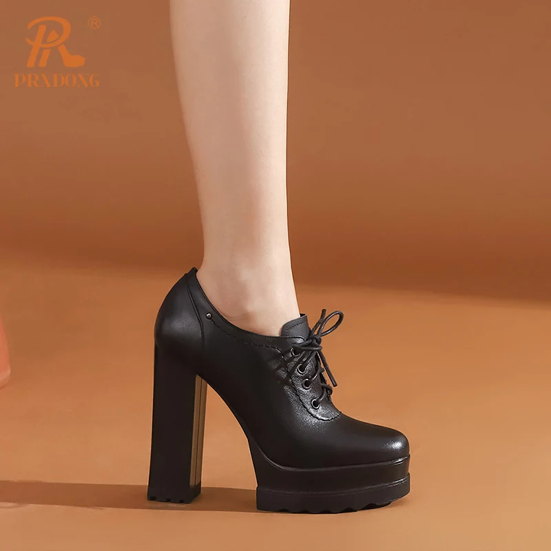 PRXDONG Genuine Cow Leather Spring Autumn Women Shoes Chunky HIgh Heels Platform Black Beige Dress Party Office Lady Shoes Pumps