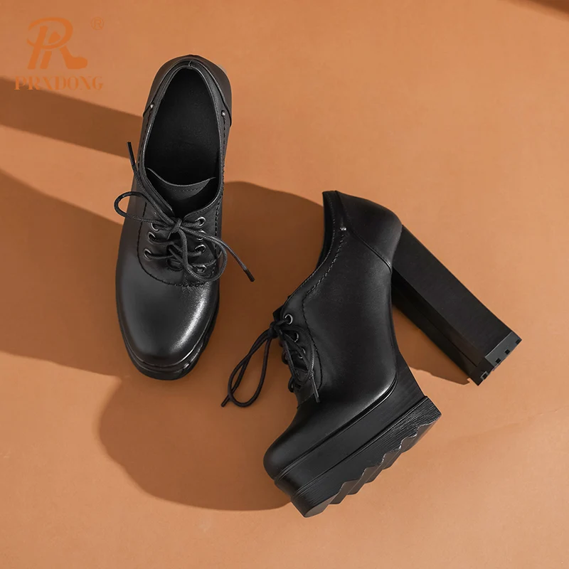 PRXDONG Genuine Cow Leather Spring Autumn Women Shoes Chunky HIgh Heels Platform Black Beige Dress Party Office Lady Shoes Pumps