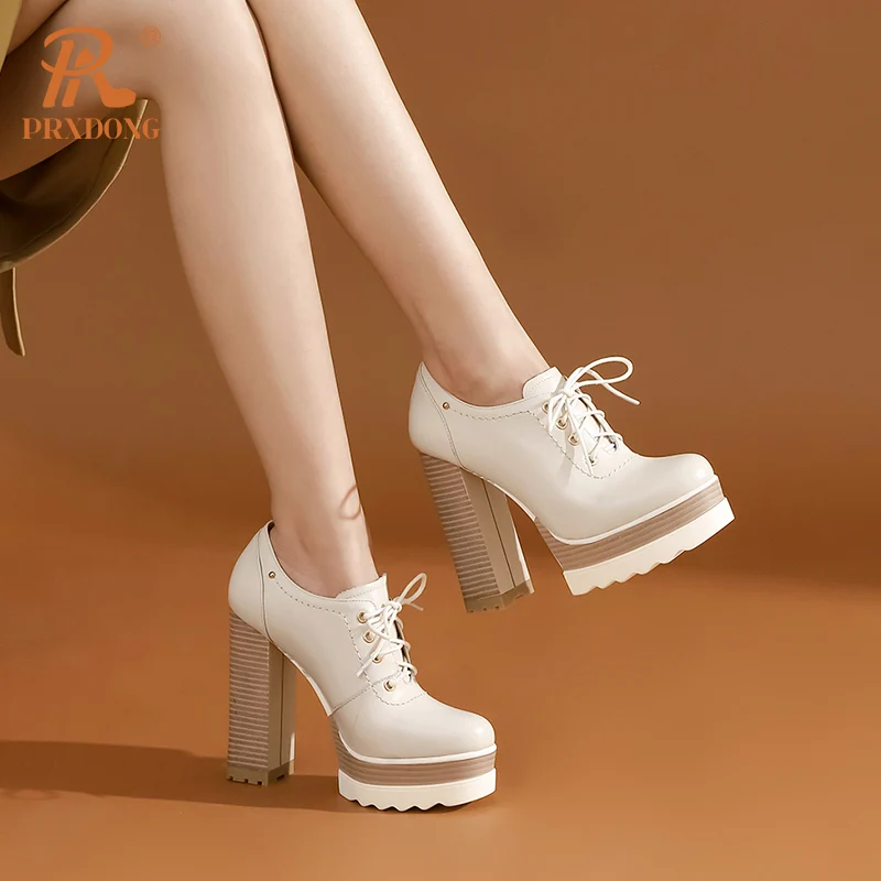 PRXDONG Genuine Cow Leather Spring Autumn Women Shoes Chunky HIgh Heels Platform Black Beige Dress Party Office Lady Shoes Pumps