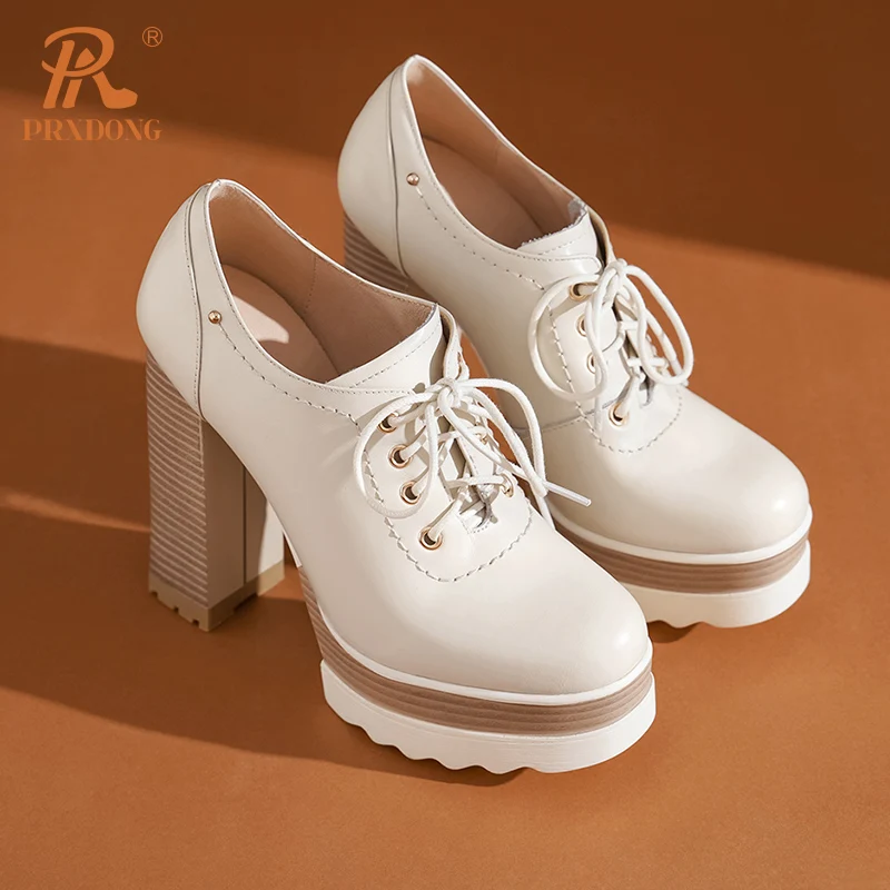 PRXDONG Genuine Cow Leather Spring Autumn Women Shoes Chunky HIgh Heels Platform Black Beige Dress Party Office Lady Shoes Pumps
