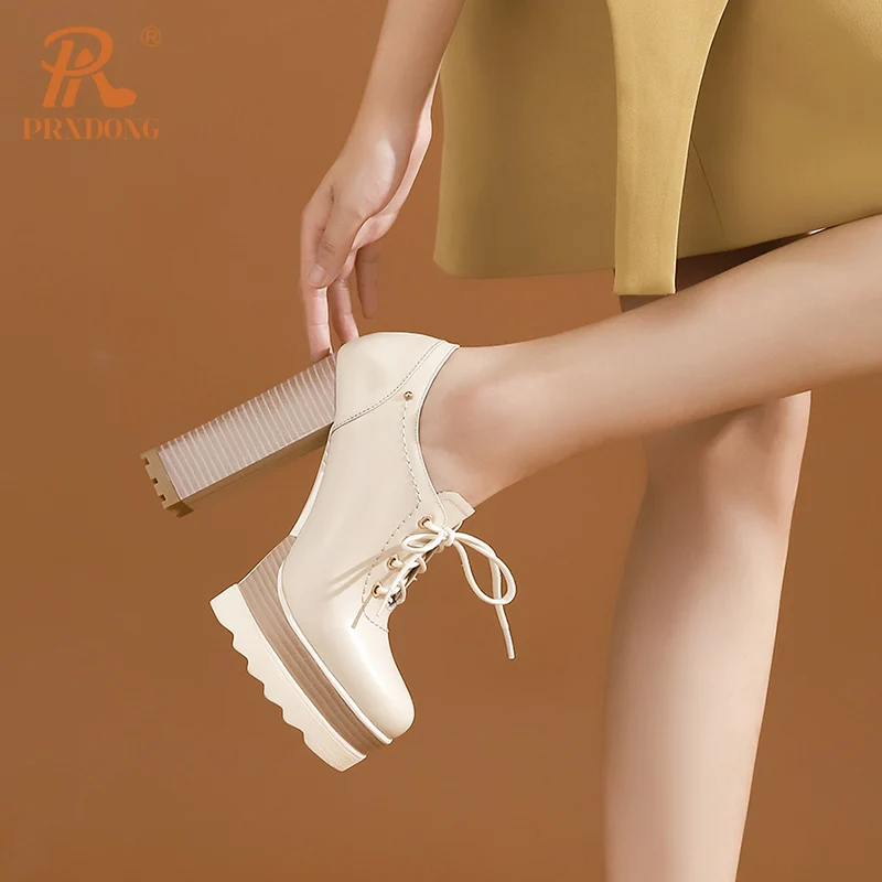 PRXDONG Genuine Cow Leather Spring Autumn Women Shoes Chunky HIgh Heels Platform Black Beige Dress Party Office Lady Shoes Pumps