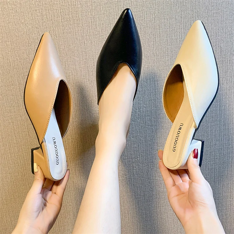 Pointed Slippers Women High Heels New Summer Shoes Fashion Luxury Square Heel Slides Slip Loafers Mules Black Female Party Shoes