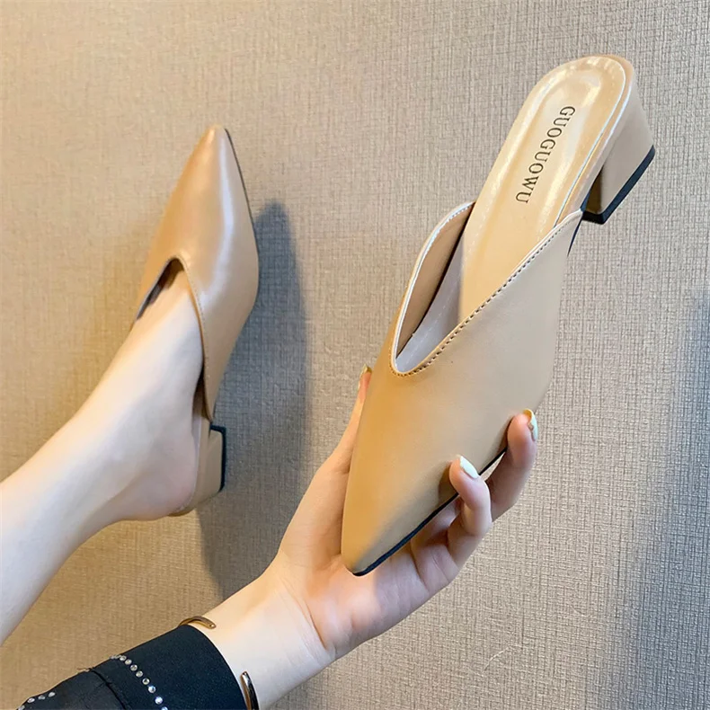 Pointed Slippers Women High Heels New Summer Shoes Fashion Luxury Square Heel Slides Slip Loafers Mules Black Female Party Shoes