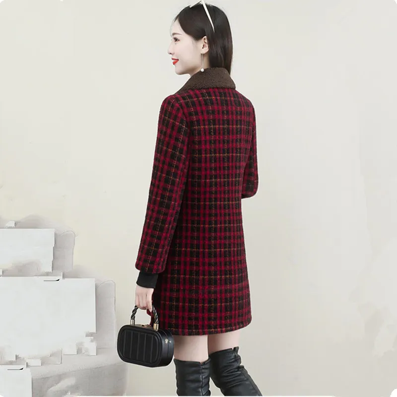 UHYTGF XL-6XL Winter Coat Women Fashion Stitching Medium Length Plaid Woolen Jacket Female Korean Slim Warm Ladies Overcoat 2261