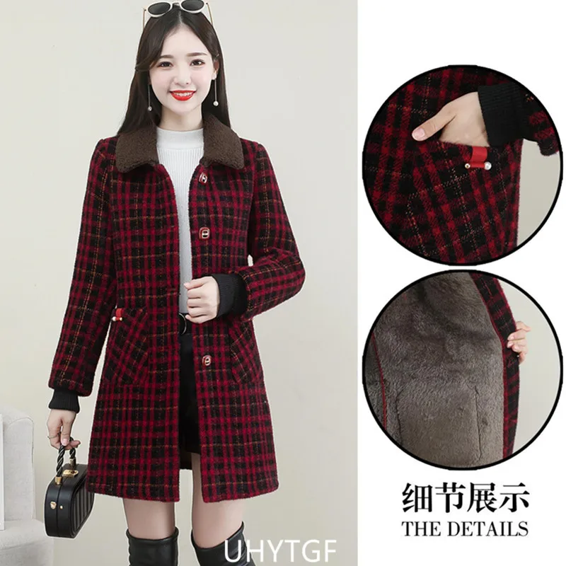 UHYTGF XL-6XL Winter Coat Women Fashion Stitching Medium Length Plaid Woolen Jacket Female Korean Slim Warm Ladies Overcoat 2261
